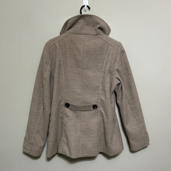 H&M Women's Pea Coat Jacket 12 Taupe Beige Casual Double Breast Button High Neck - Picture 14 of 14
